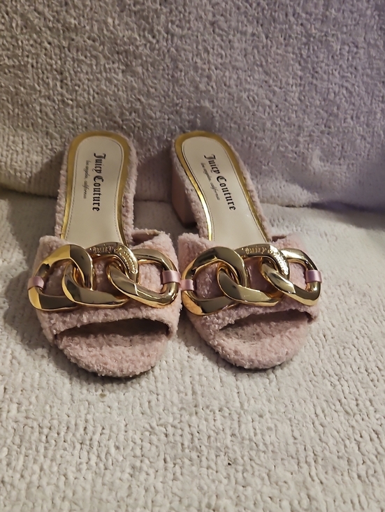 Juicy Couture Shoes - Juicy Couture Pink Fuzzy Slide Sandals with Gold Chain Accent 7.5